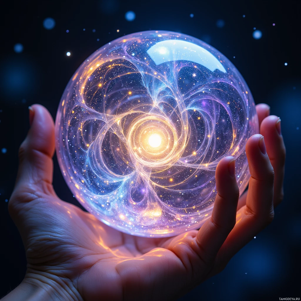 A hand holds a glowing, intricate, cosmic sphere against a starry background.