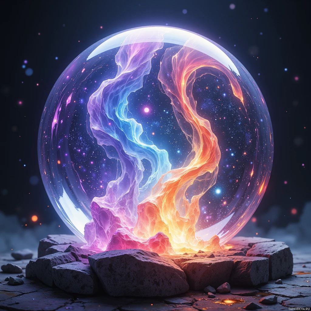 A glowing, ethereal sphere with swirling colors and cosmic elements rests on rocky ground.