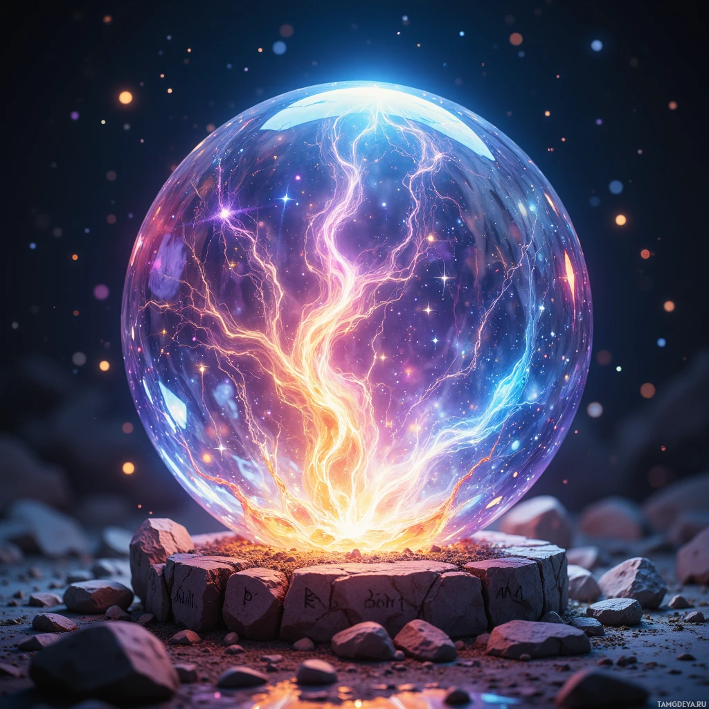 A glowing, electric sphere rests on rocks, emitting vibrant light and energy.