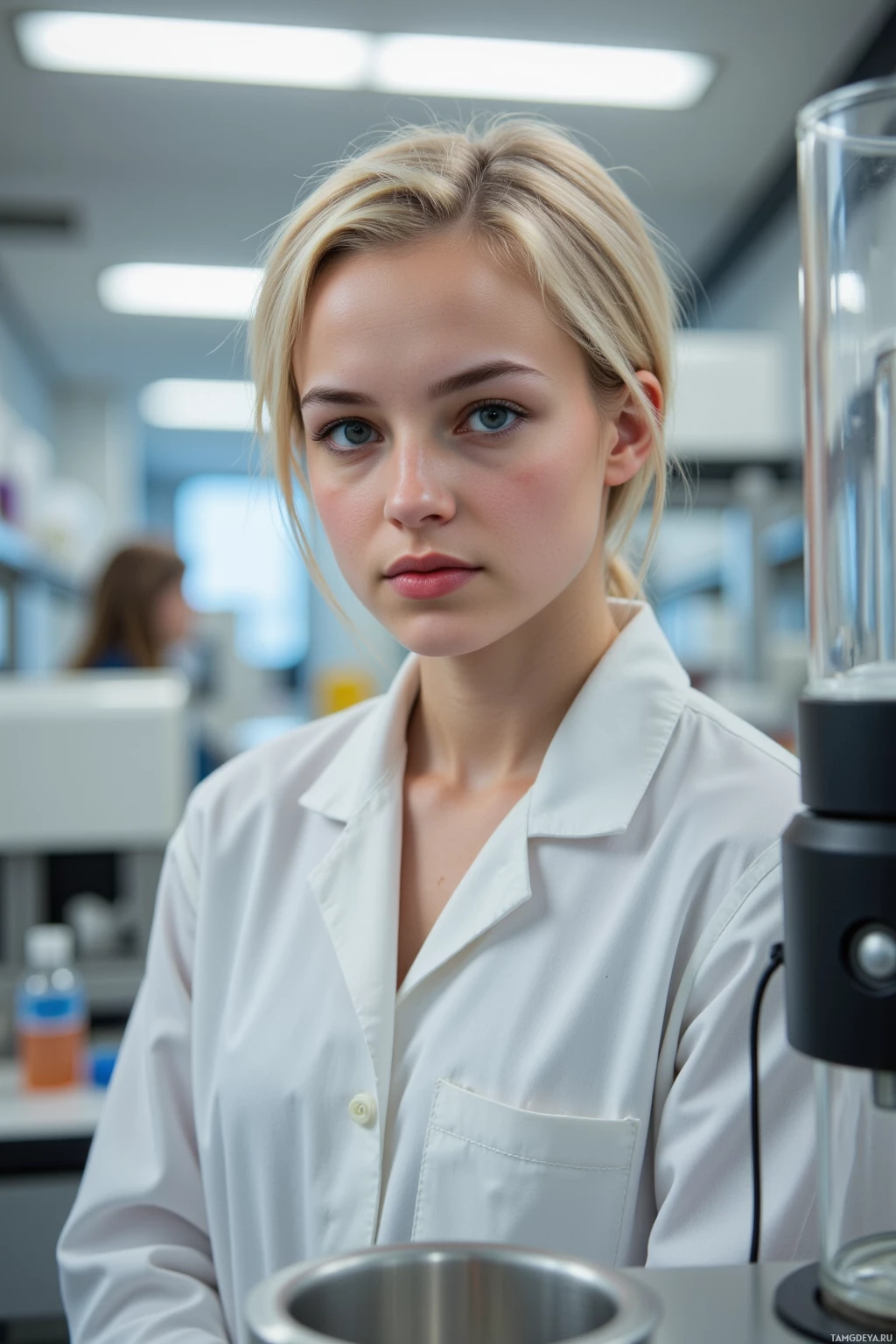 A person in a white lab coat stands in a laboratory setting with equipment and shelves visible in the background.