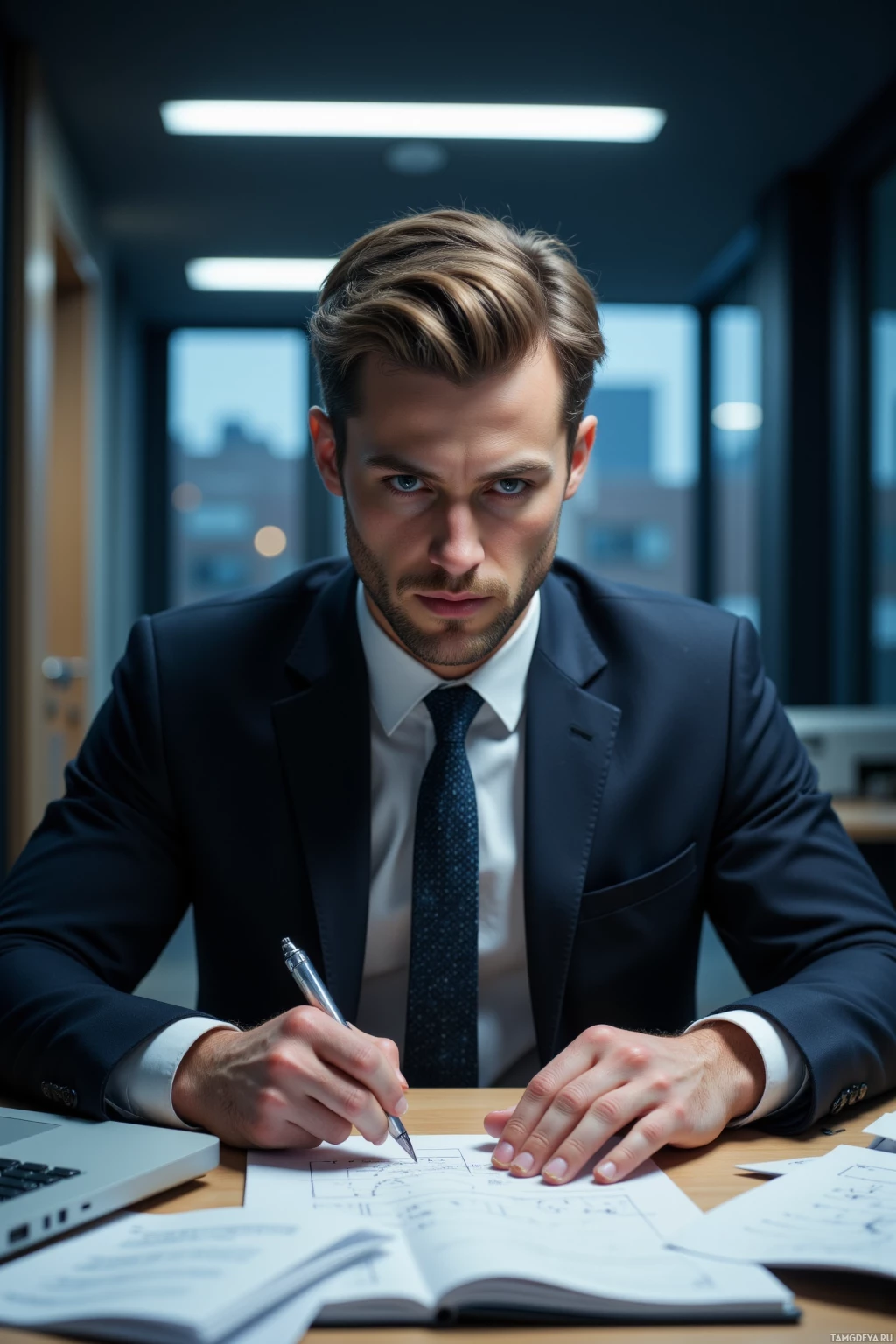 A man in a suit is sitting at a desk, writing in a notebook.