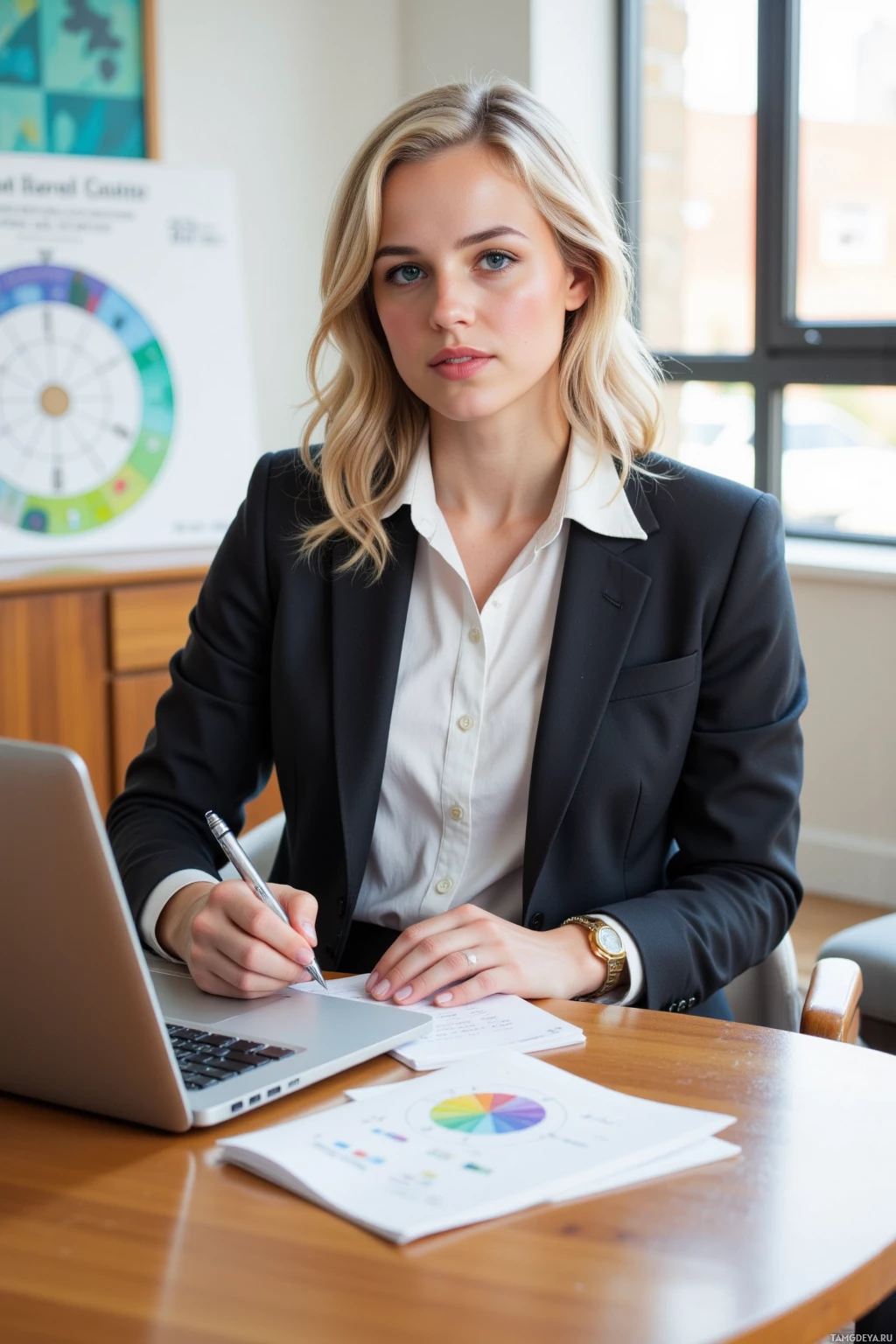 A woman in a professional setting is seated at a desk with a laptop, taking notes.
