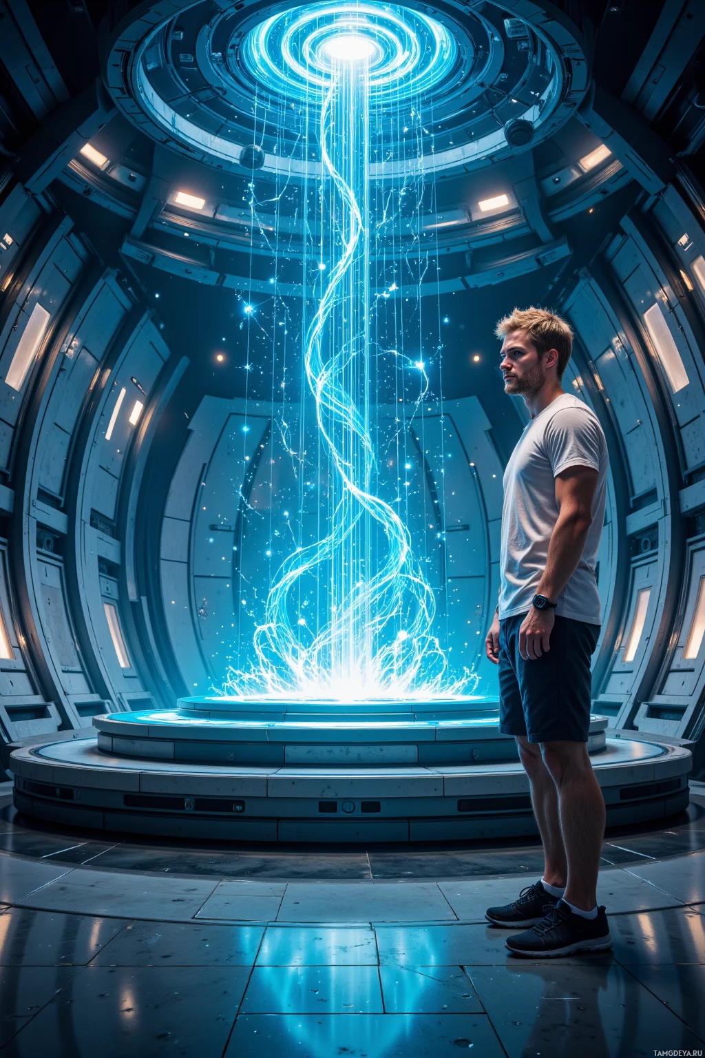 A person stands in a futuristic room with glowing blue energy streams descending from above.