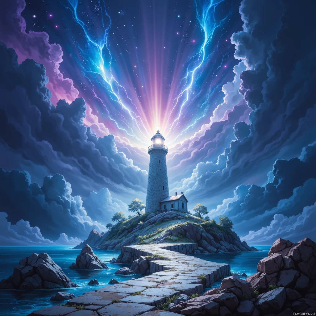 A serene lighthouse stands on a rocky island under a vibrant night sky with streaks of lightning and colorful clouds.