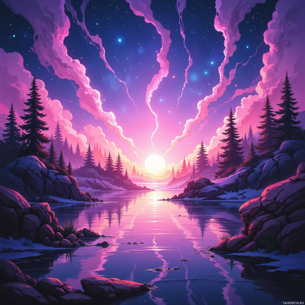 A serene nighttime landscape with a glowing sun reflecting on a calm body of water, surrounded by trees and rocky terrain.