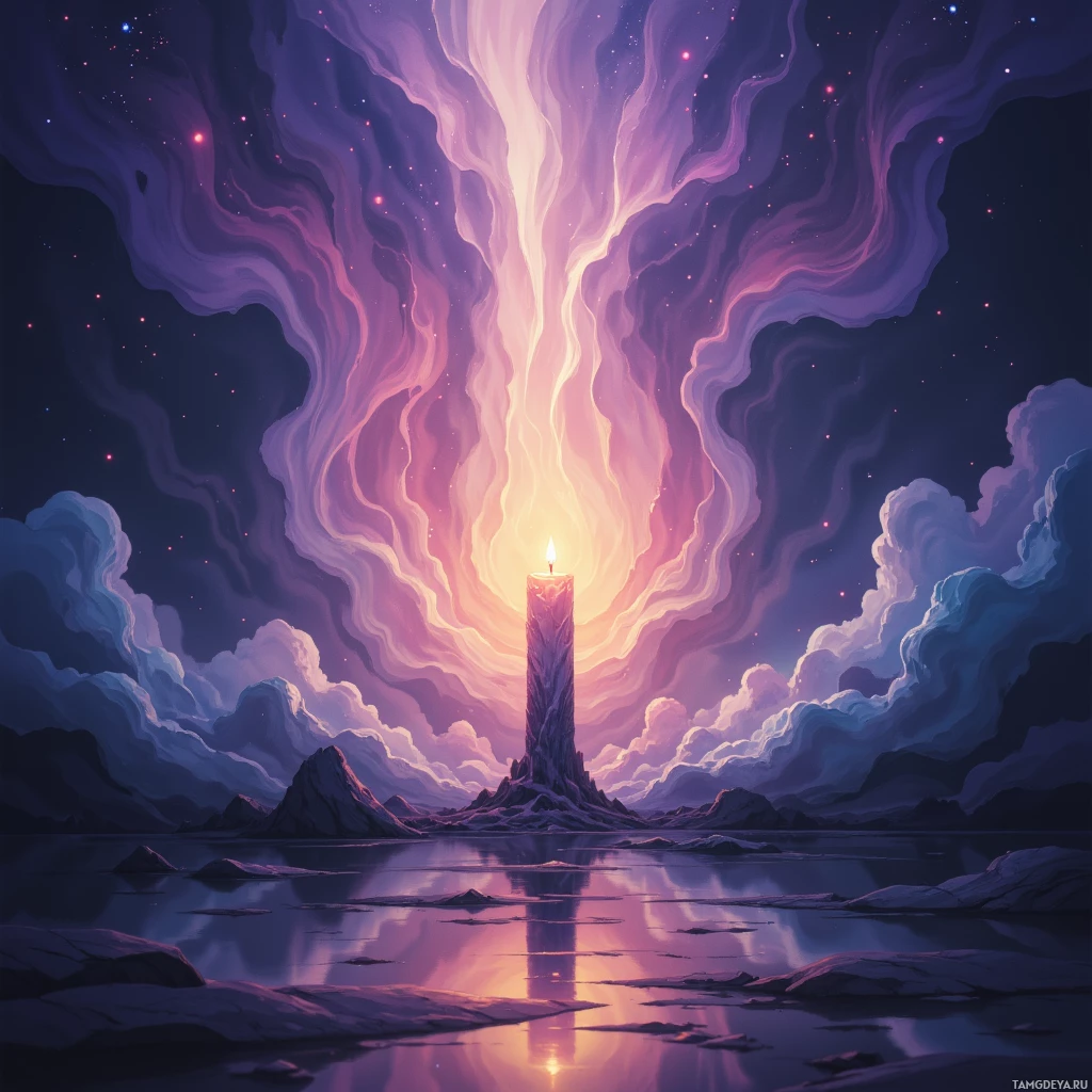 A glowing candle on a rocky island reflects in calm water under a starry sky.