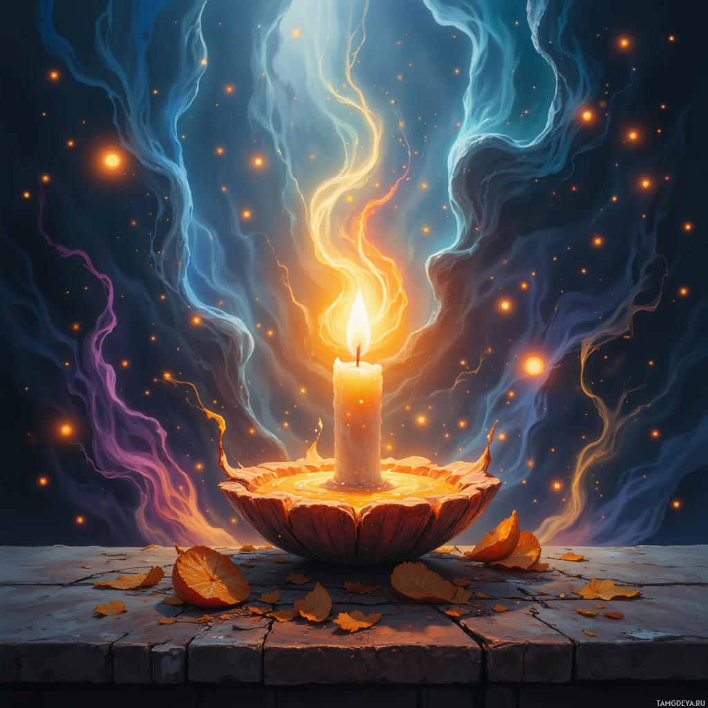 A glowing candle with swirling flames and sparks on a stone surface.