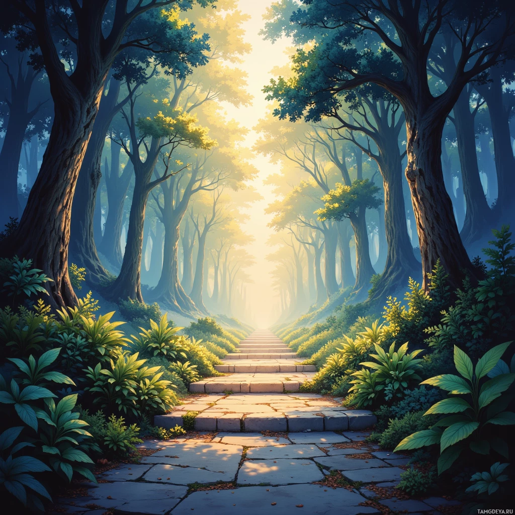 A stone path winds through a dense forest, bathed in the soft light of a setting sun.