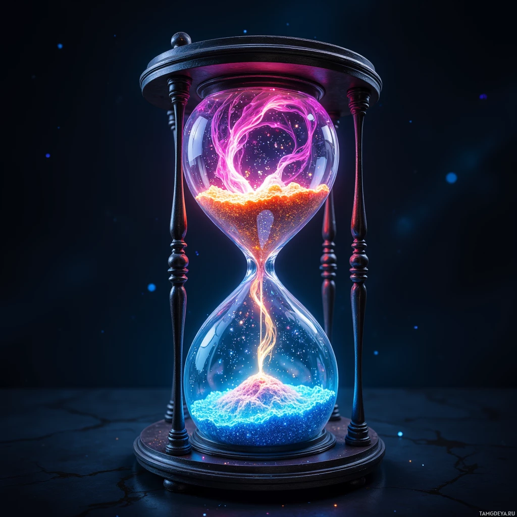 An hourglass with glowing, colorful sand and cosmic energy swirling inside.