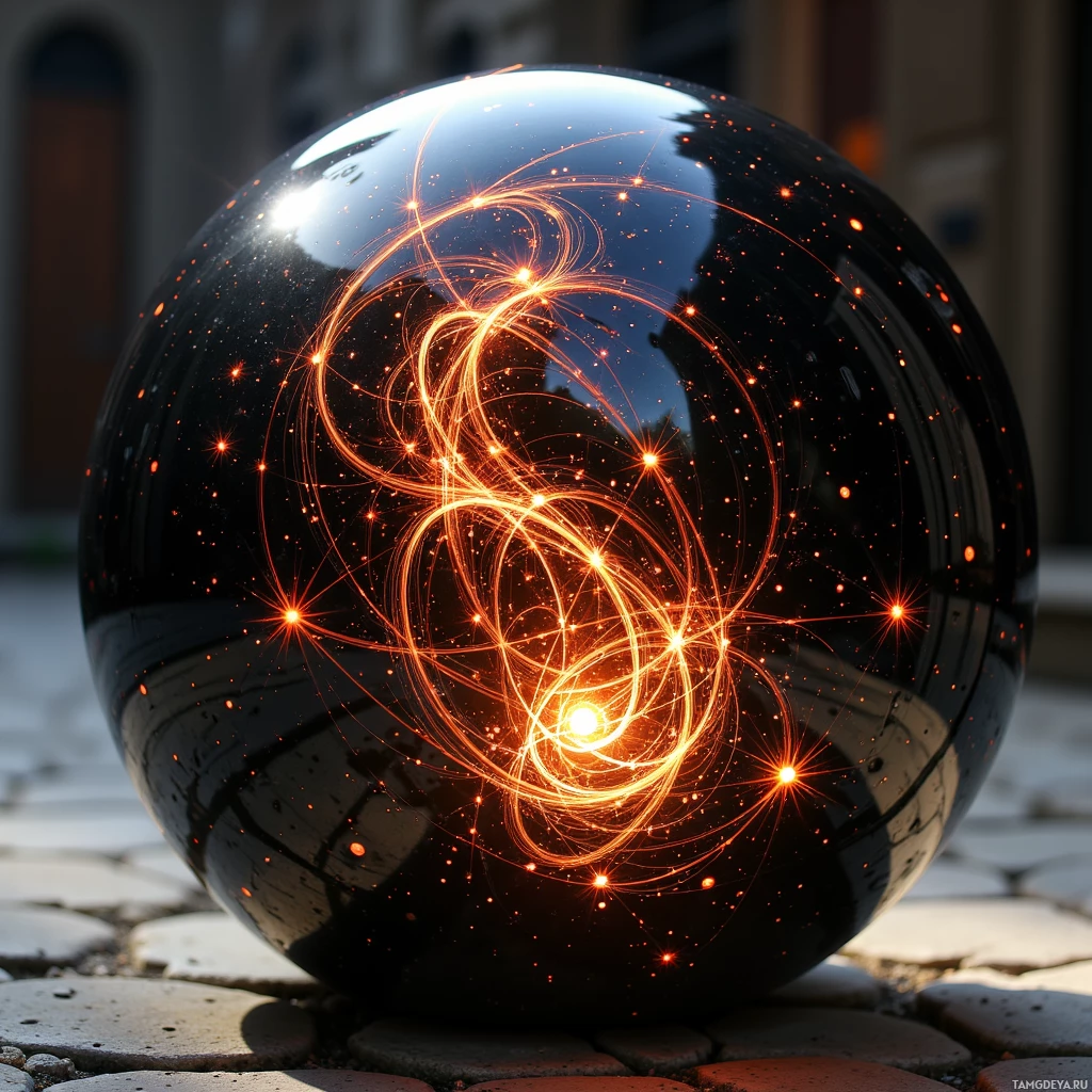 A glowing spherical object with intricate orange light patterns and small bright spots is placed on stone pavement.