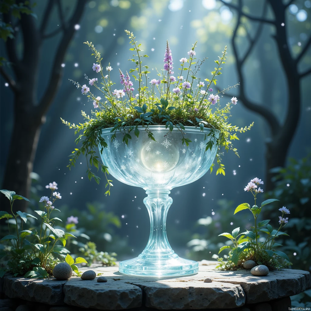 A glass bowl filled with flowers and greenery sits on a stone surface in a forest setting.