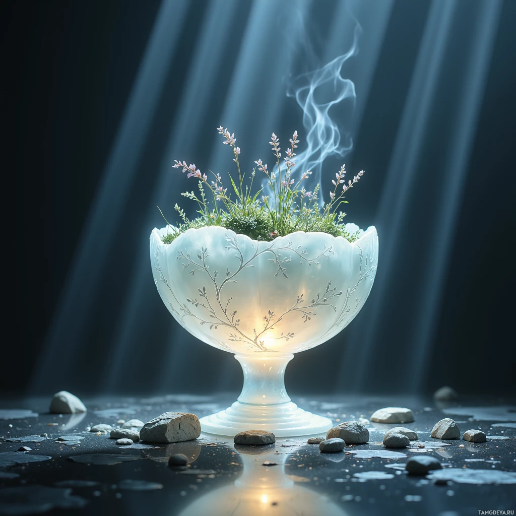 A glowing white bowl with plants and smoke, set against a dark background with light beams.