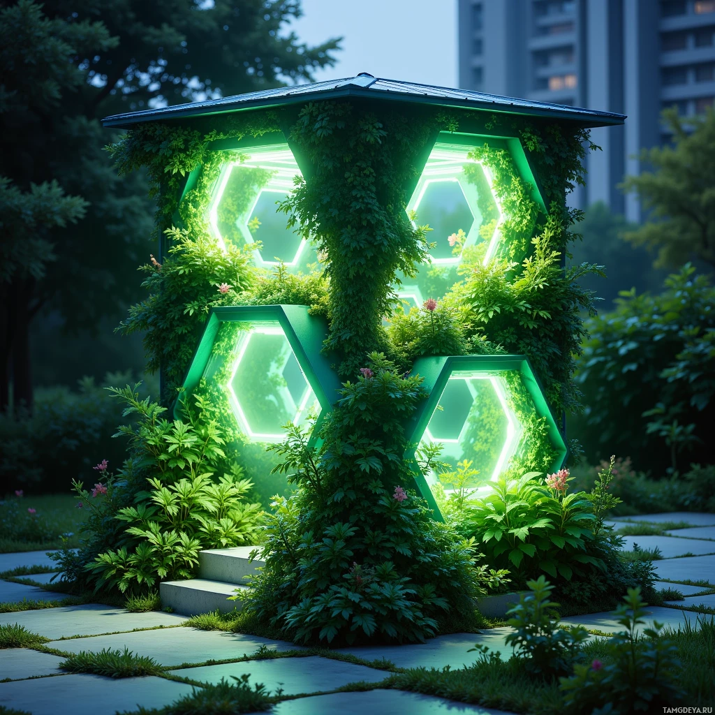 A hexagonal structure covered in greenery and illuminated from within, surrounded by a garden.