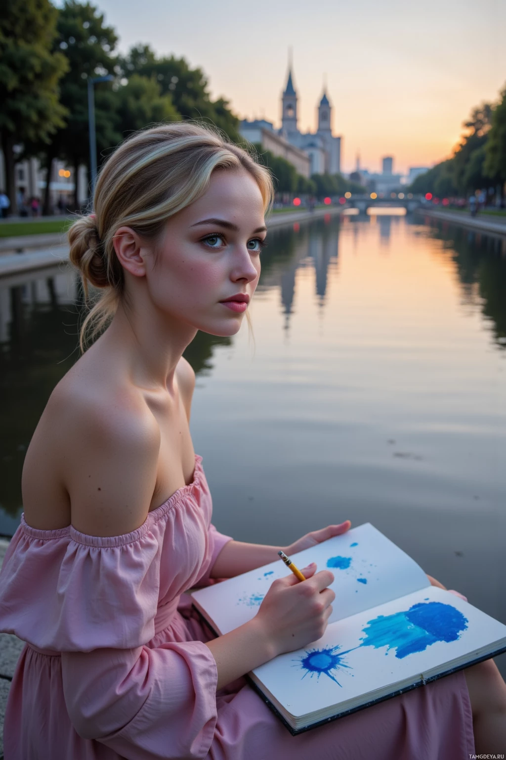A person in a pink dress is sitting by a river, holding a sketchbook with blue paint splatters.