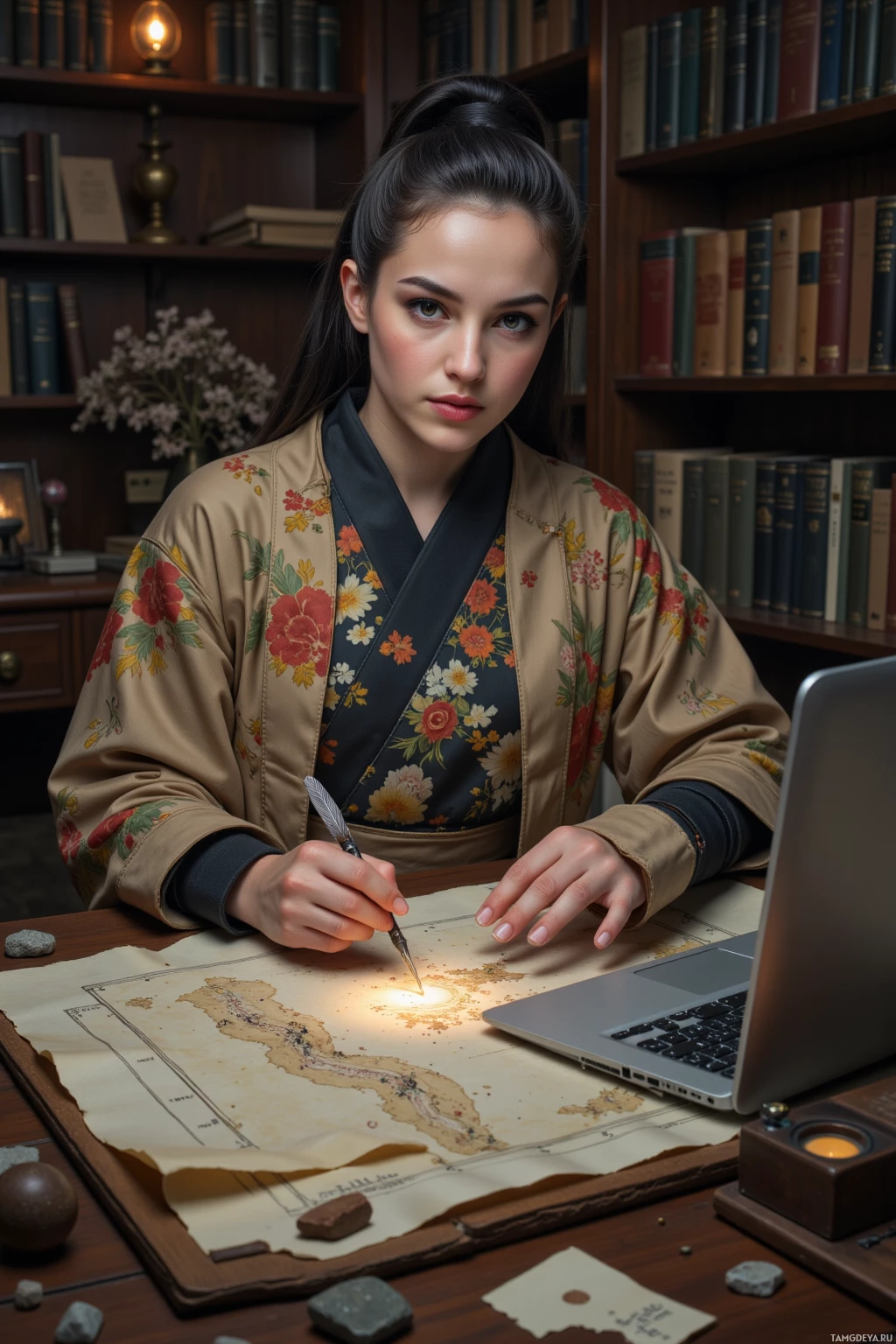 A person in traditional attire is working at a desk with an old map and a laptop.