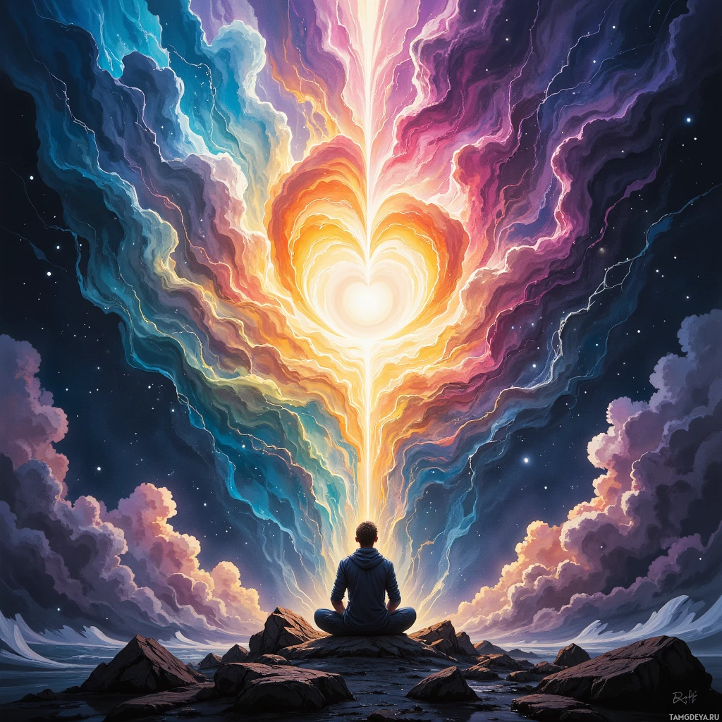 A person meditates in lotus pose on rocks by the sea under a vibrant cosmic sky with swirling colors and a radiant heart-shaped light at its center.