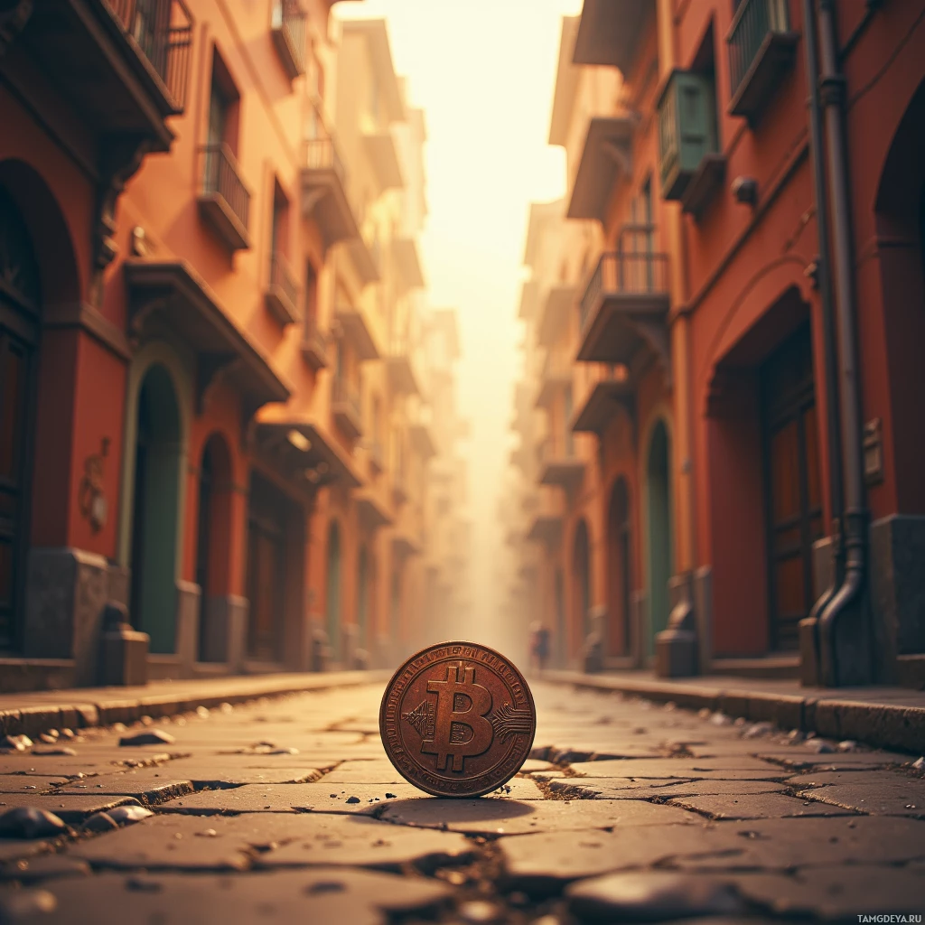 A Bitcoin coin lies on a cobblestone street in a sunlit, narrow alleyway between buildings.