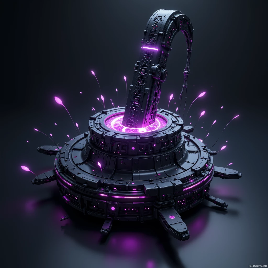 A futuristic, dark structure with glowing purple accents and energy beams.