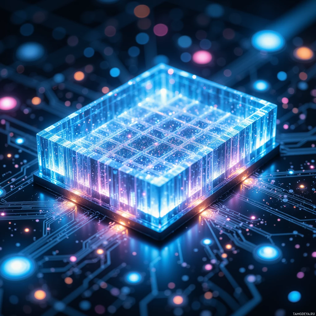 Semi-abstract image with many light, that is suitable for the post:  Translucent lattice cooling core with sapphire filament mesh, precisely etched 0.002 mm channels, color‑coded circuit segments, tiny glowing micro‑sensors pulsing against a subtle gradient of cool blue inside a sealed, glossy enclosure.