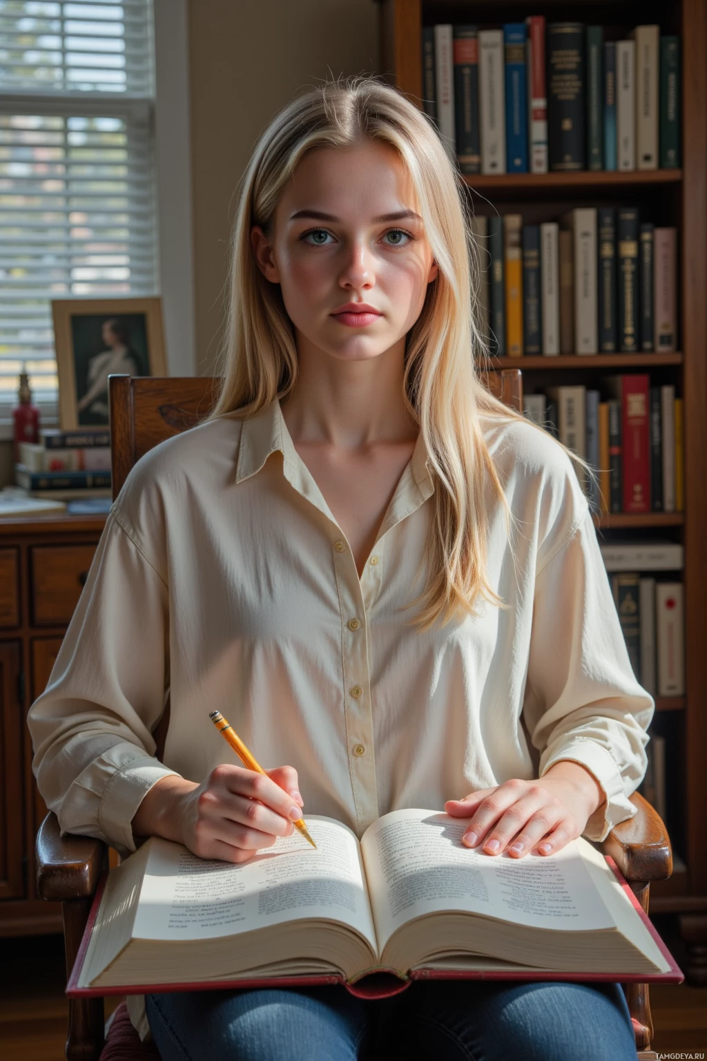 A person sits at a desk, holding a pencil and an open book, with a bookshelf in the background.
