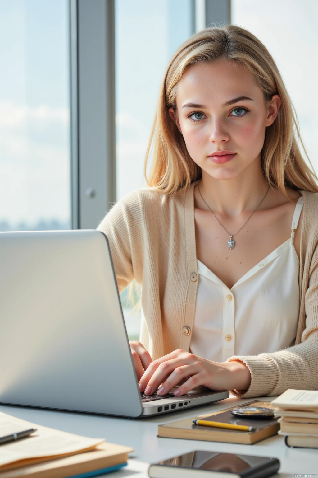 A person is sitting at a desk, typing on a laptop with books and a notebook nearby.