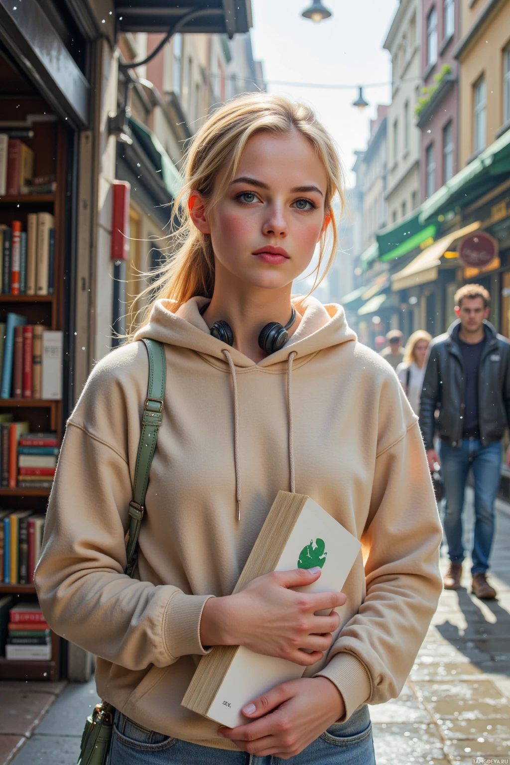 A person wearing a beige hoodie and headphones around their neck is holding a book with a green leaf design on the cover.