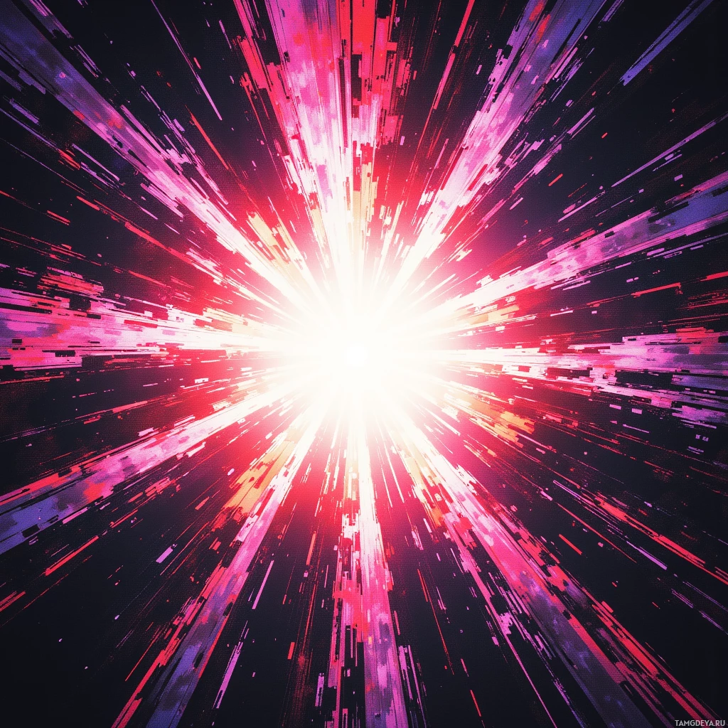 A vibrant burst of light with streaks radiating outward in shades of pink and purple against a dark background.