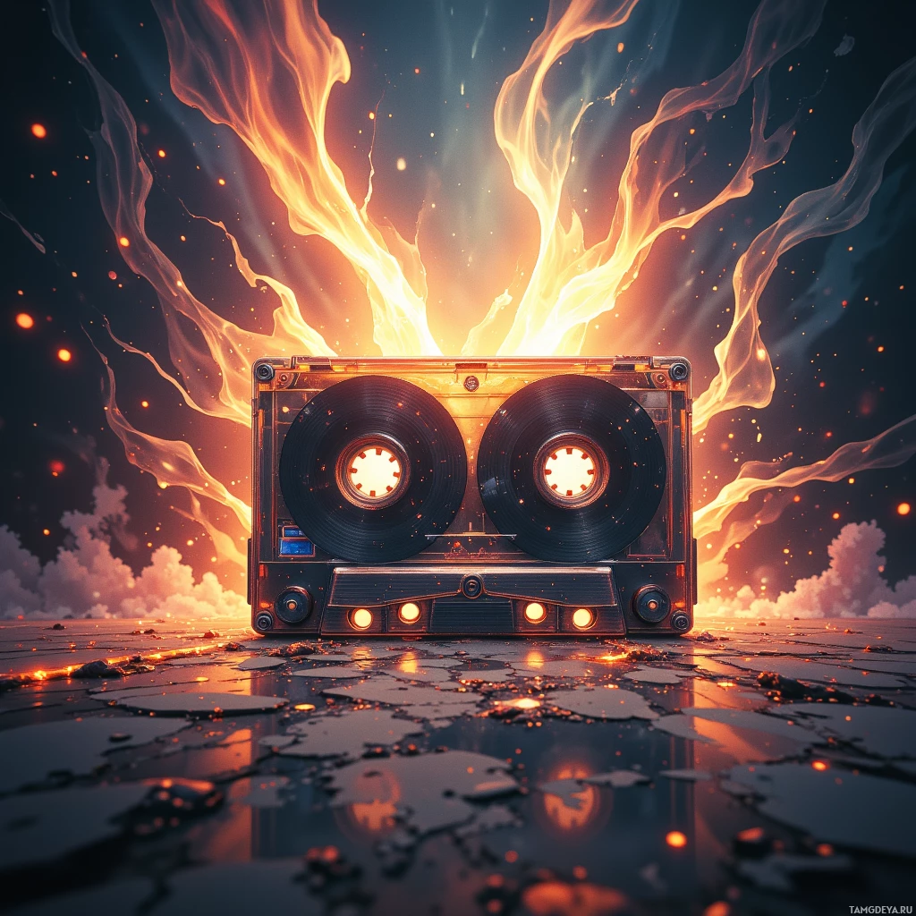 A cassette tape is engulfed in flames with glowing embers and smoke rising above it against a dark background.