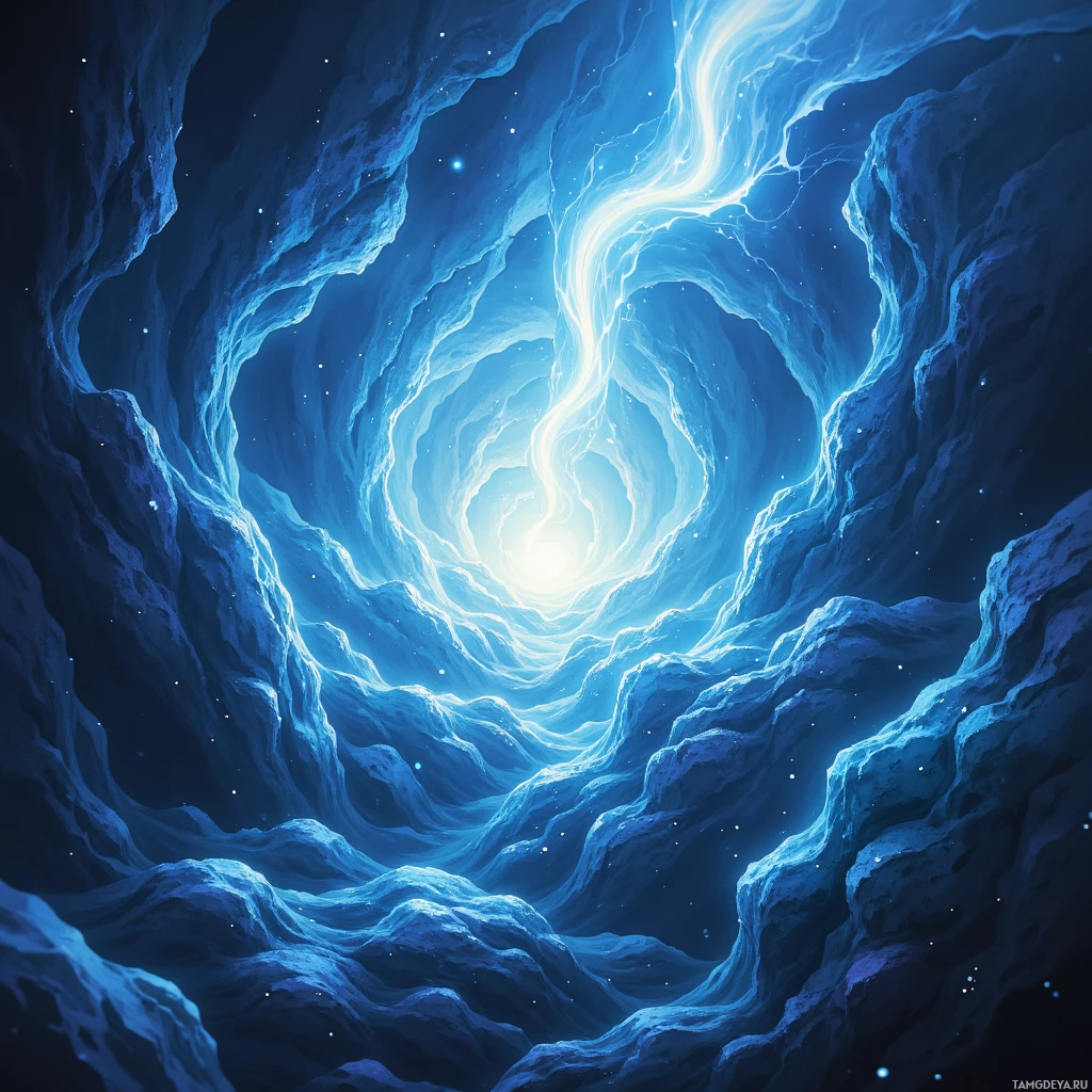 A swirling blue vortex with glowing light at its center.