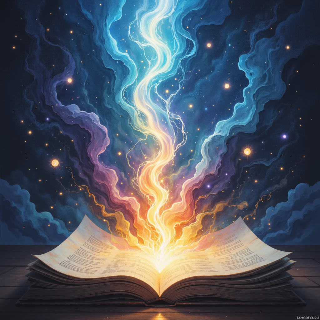 An open book emits vibrant, colorful energy into the night sky.