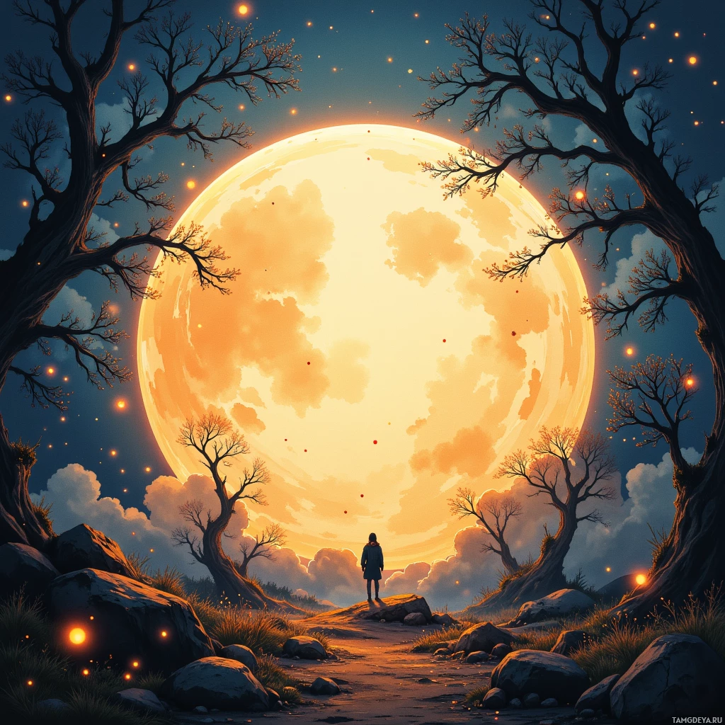 A solitary figure stands beneath a large, glowing moon surrounded by bare trees and a starry sky.
