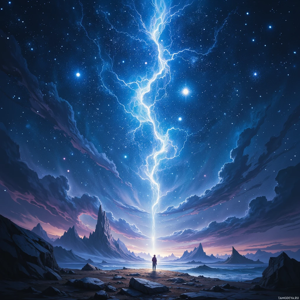 A lone figure stands on a rocky shore under a vibrant night sky filled with stars and a striking lightning bolt.