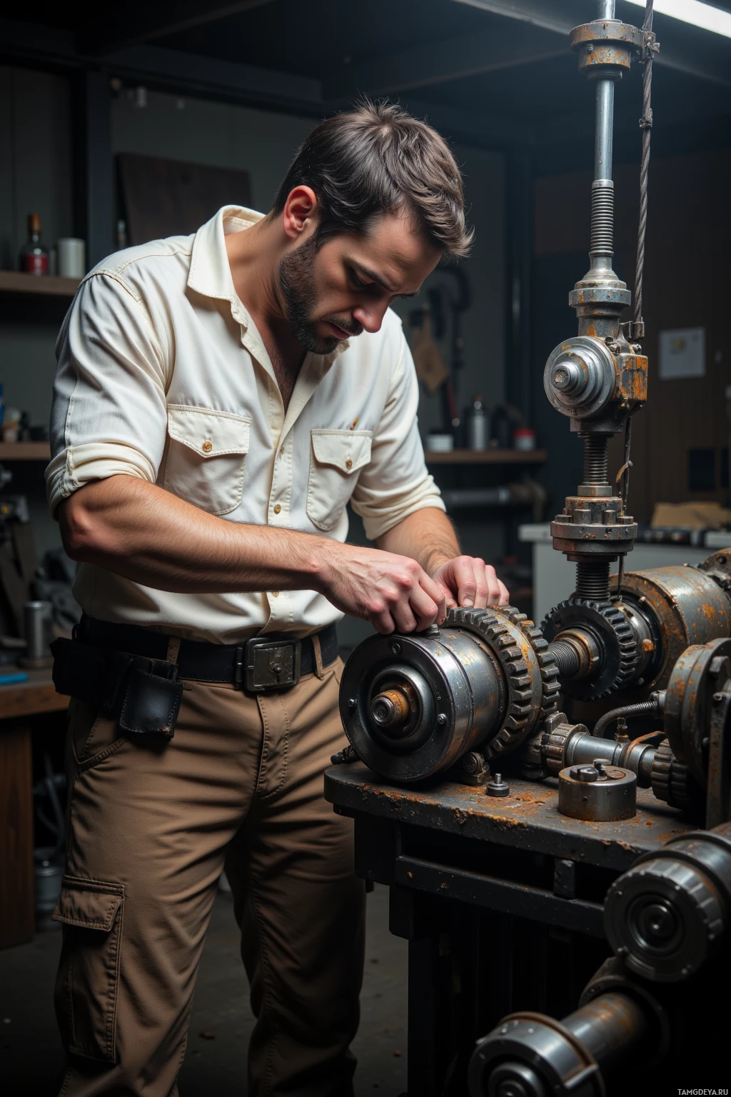 A man in a workshop is working on a mechanical device.