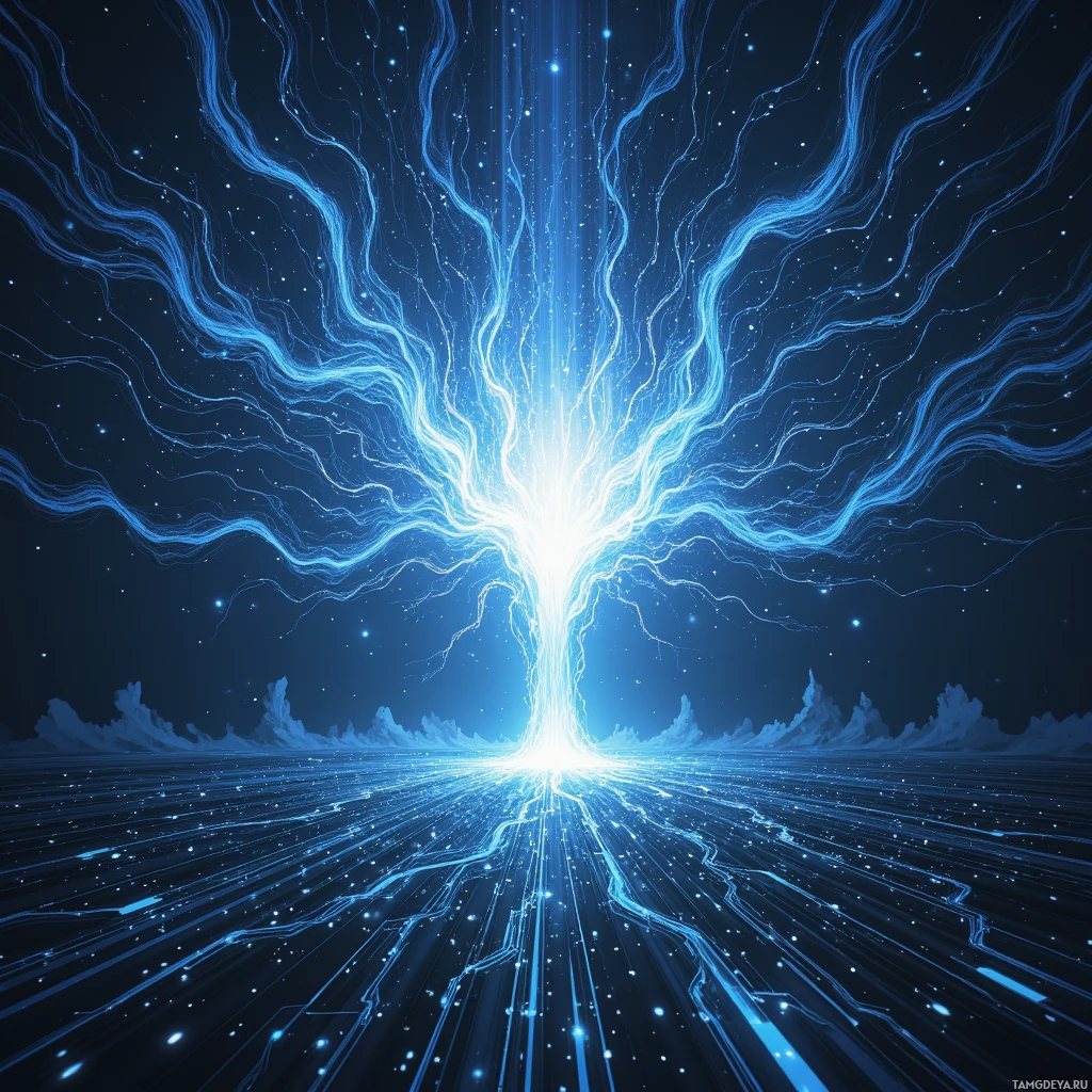 A glowing blue tree with intricate branches and light rays extending outward against a dark background.
