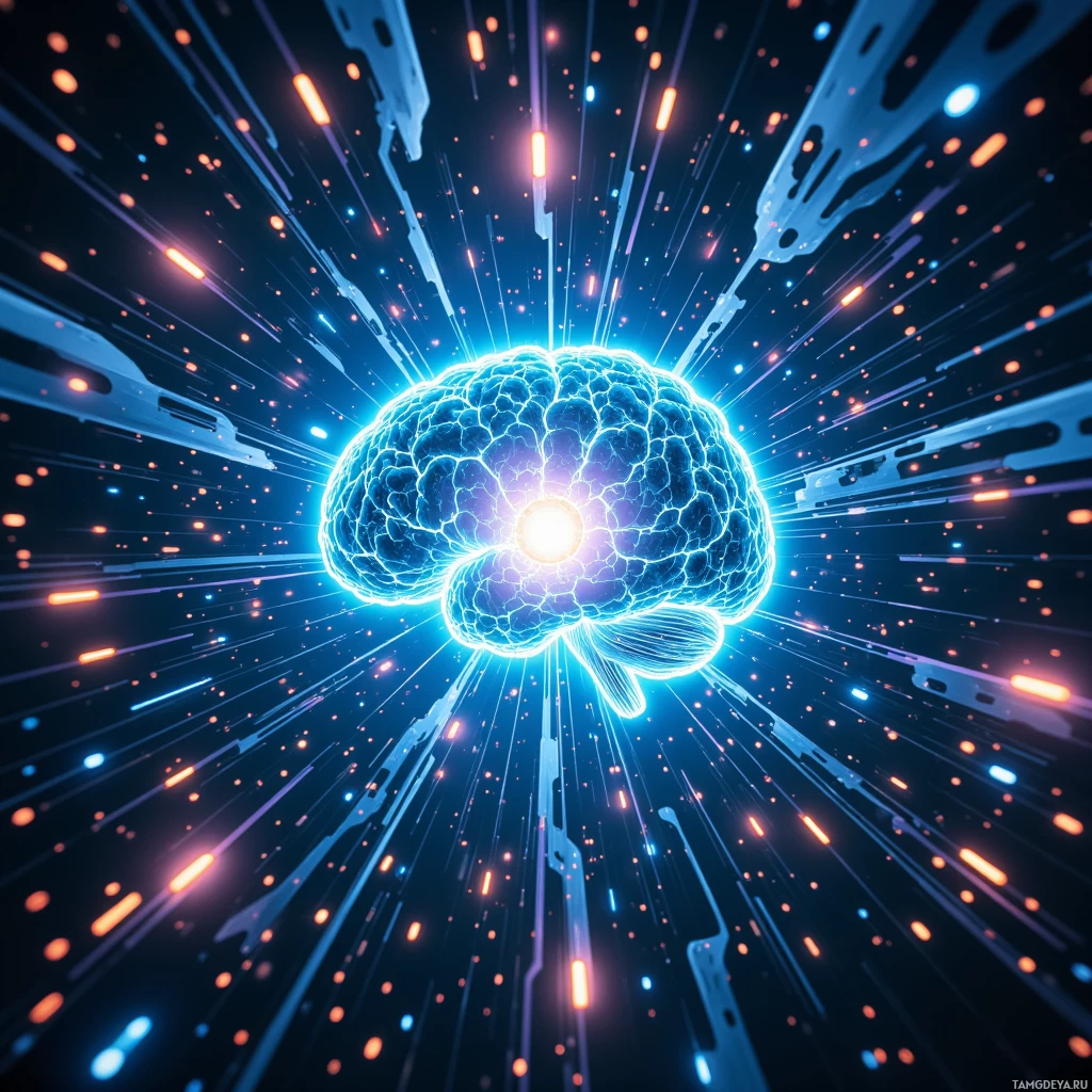 A glowing brain surrounded by dynamic, colorful light streaks and particles.