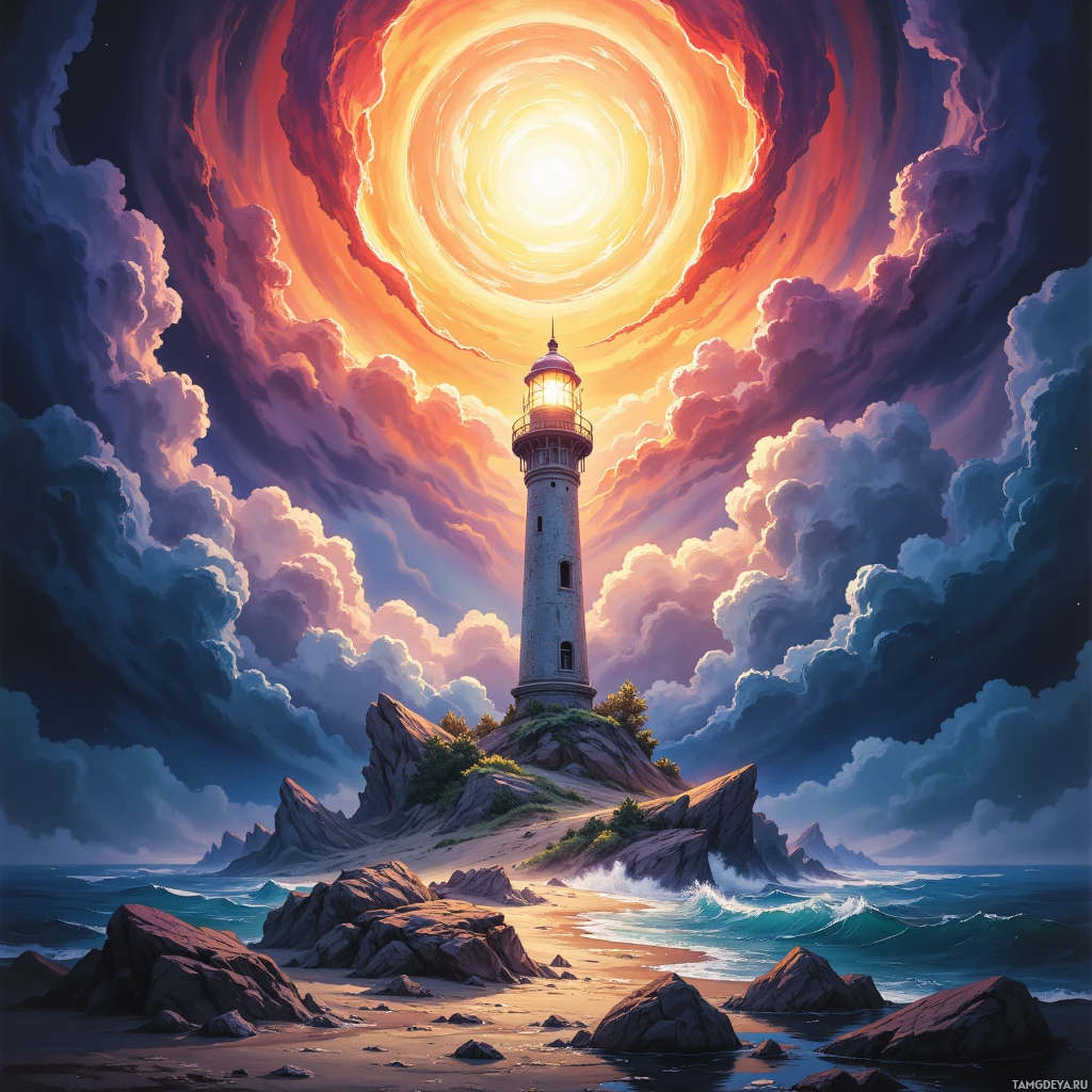 A lighthouse stands on a rocky island under a dramatic, swirling sky.