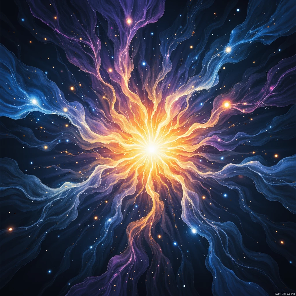 A vibrant cosmic scene with a central burst of light and radiating, ethereal tendrils in shades of blue, purple, and orange.