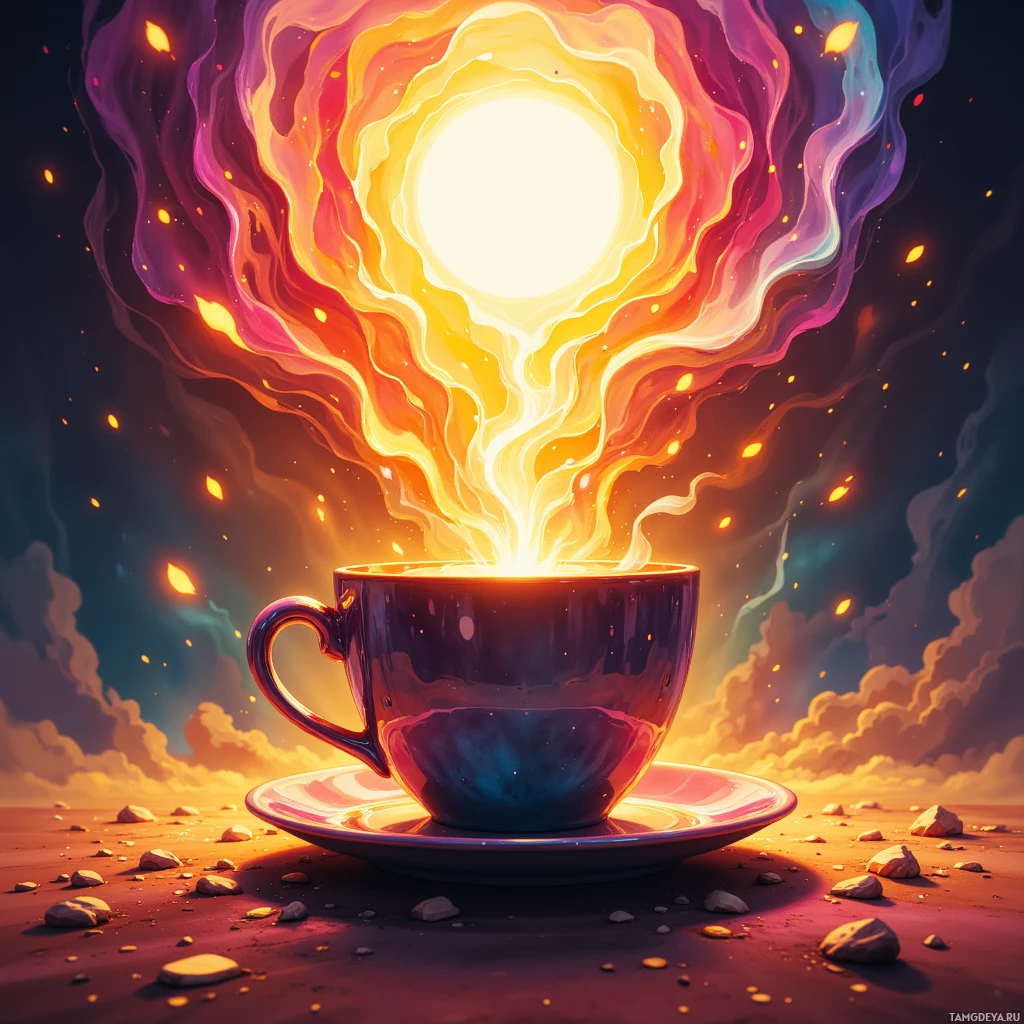 A vibrant, glowing cup of tea with swirling flames and sparks.