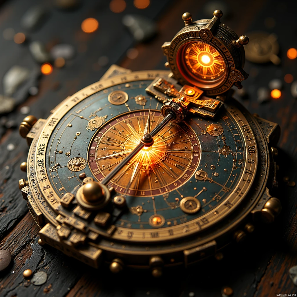A detailed, ornate compass with glowing elements and intricate markings.