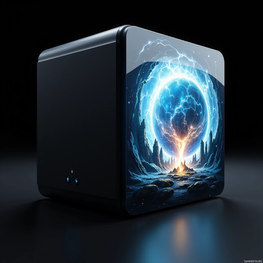 A sleek black computer case with an illuminated fantasy-themed design on its side panel featuring a glowing portal and rocky landscape.