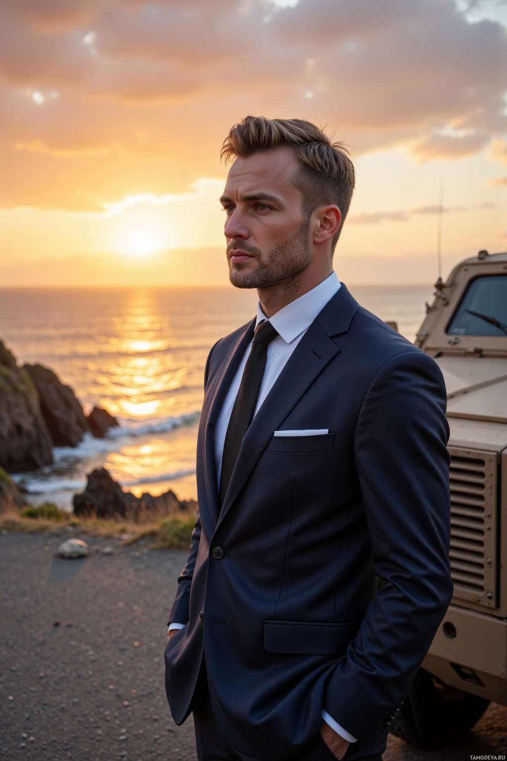 A man in a suit stands by the ocean at sunset.