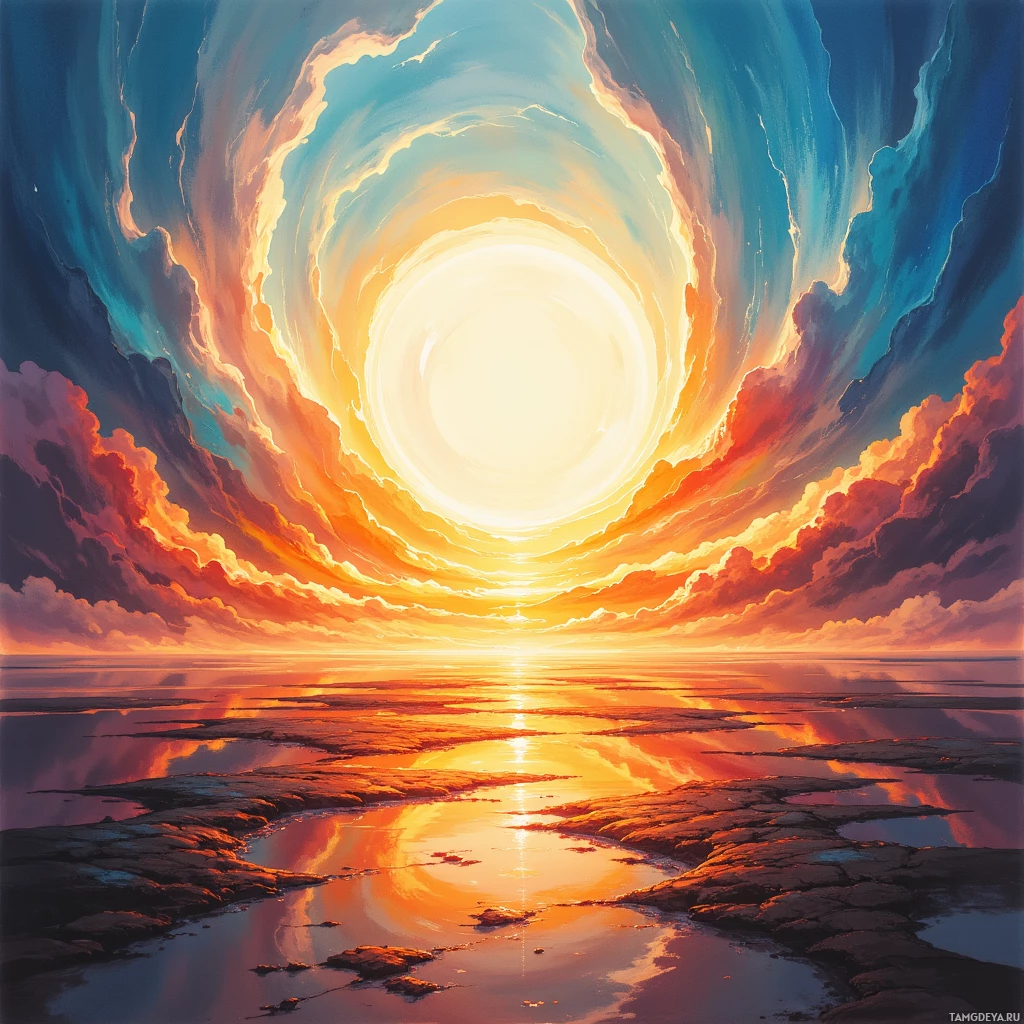 A vibrant sunset scene with swirling clouds and reflections on water.