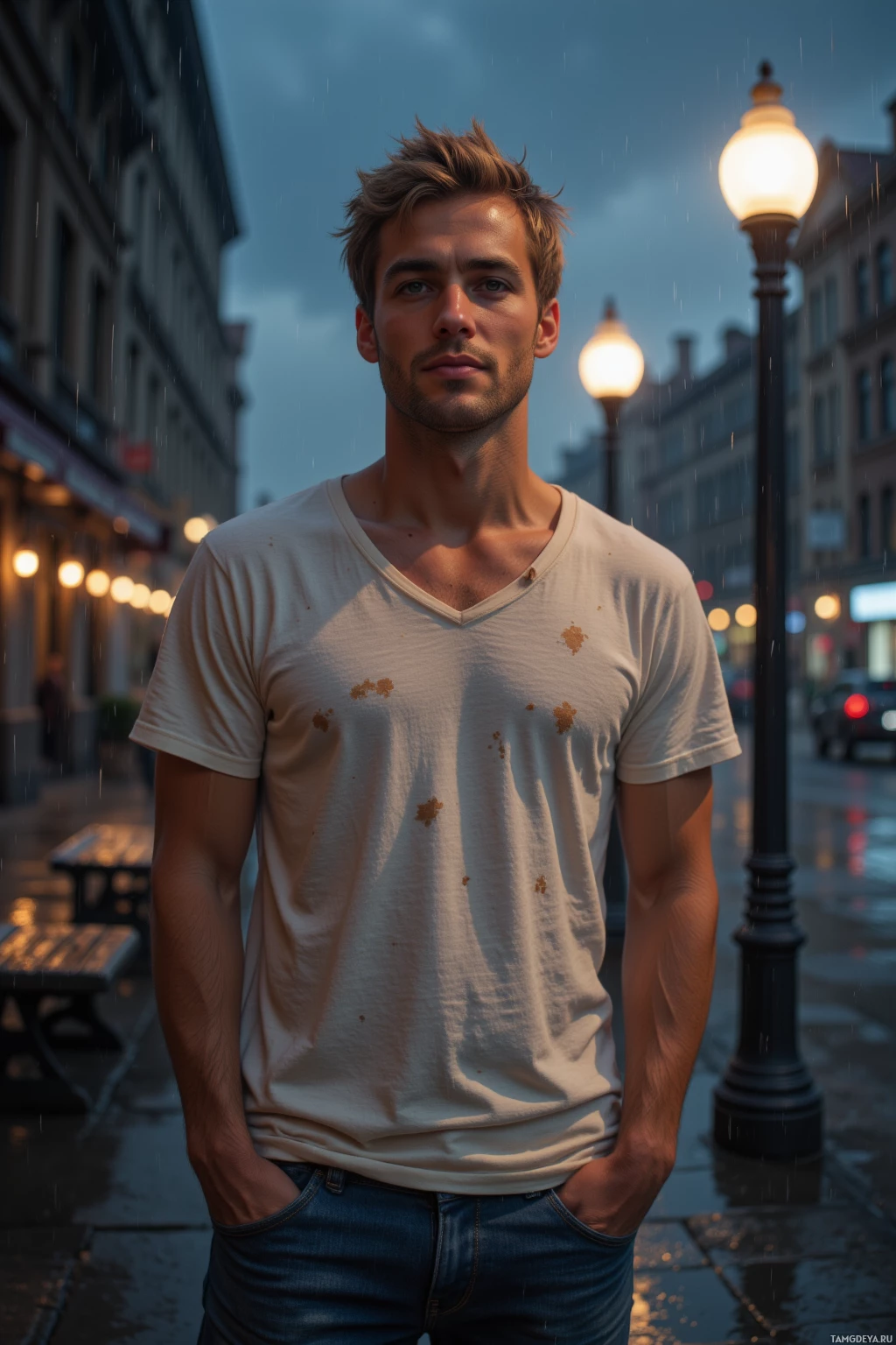 A man stands on a rainy street at dusk, wearing a white t-shirt and jeans.