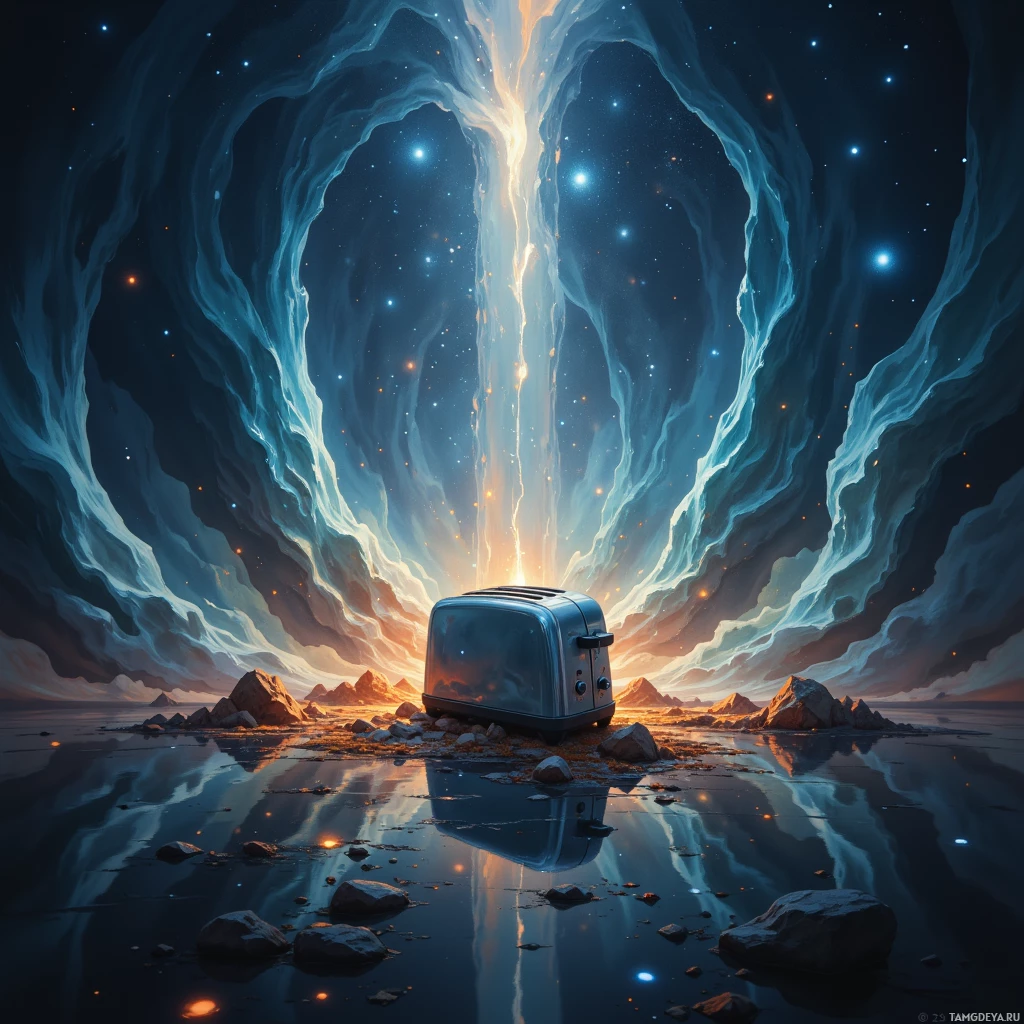 A toaster sits on a rocky shore under a cosmic sky with glowing clouds and stars.