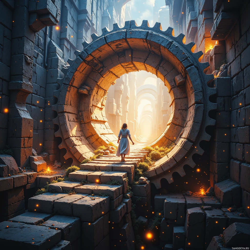 A person walks through a circular stone archway leading to a bright, sunlit path.