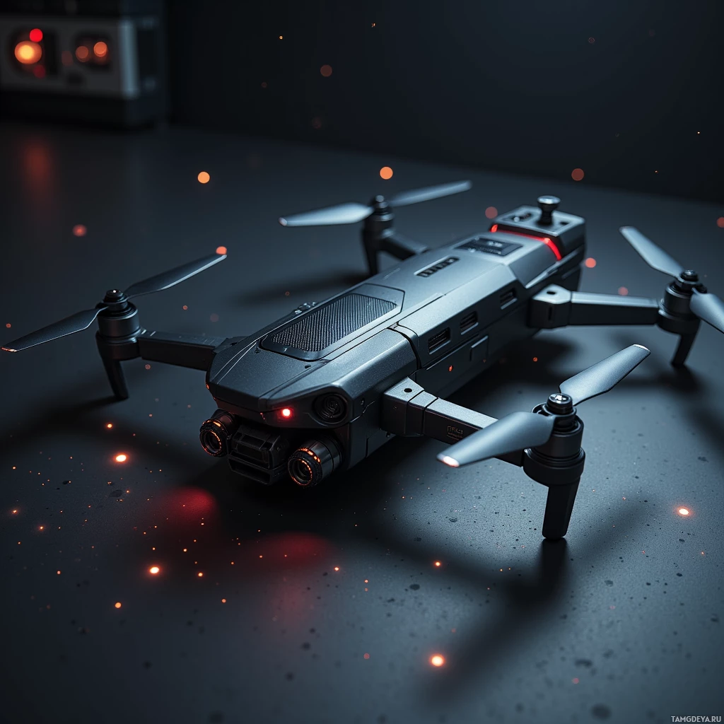 A sleek, modern drone with illuminated lights and propellers is displayed on a dark surface.