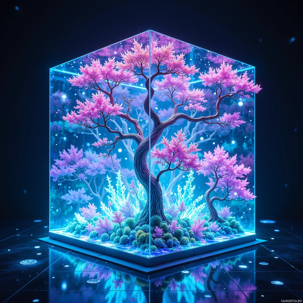 A vibrant, futuristic cube encases a surreal landscape featuring glowing trees and colorful flora against a starry backdrop.
