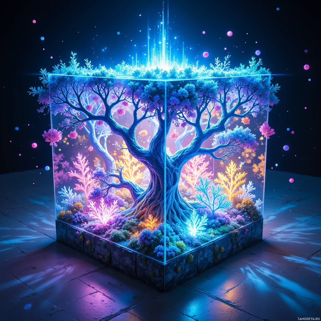 A glowing, vibrant tree encased in a glass cube with colorful, illuminated foliage and a starry background.
