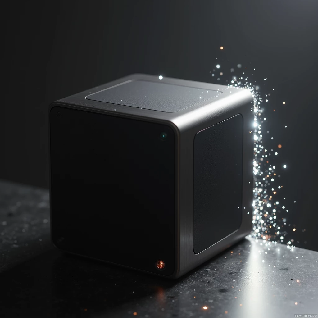A sleek, black cube-shaped device with glowing lights and sparkles on a dark surface.