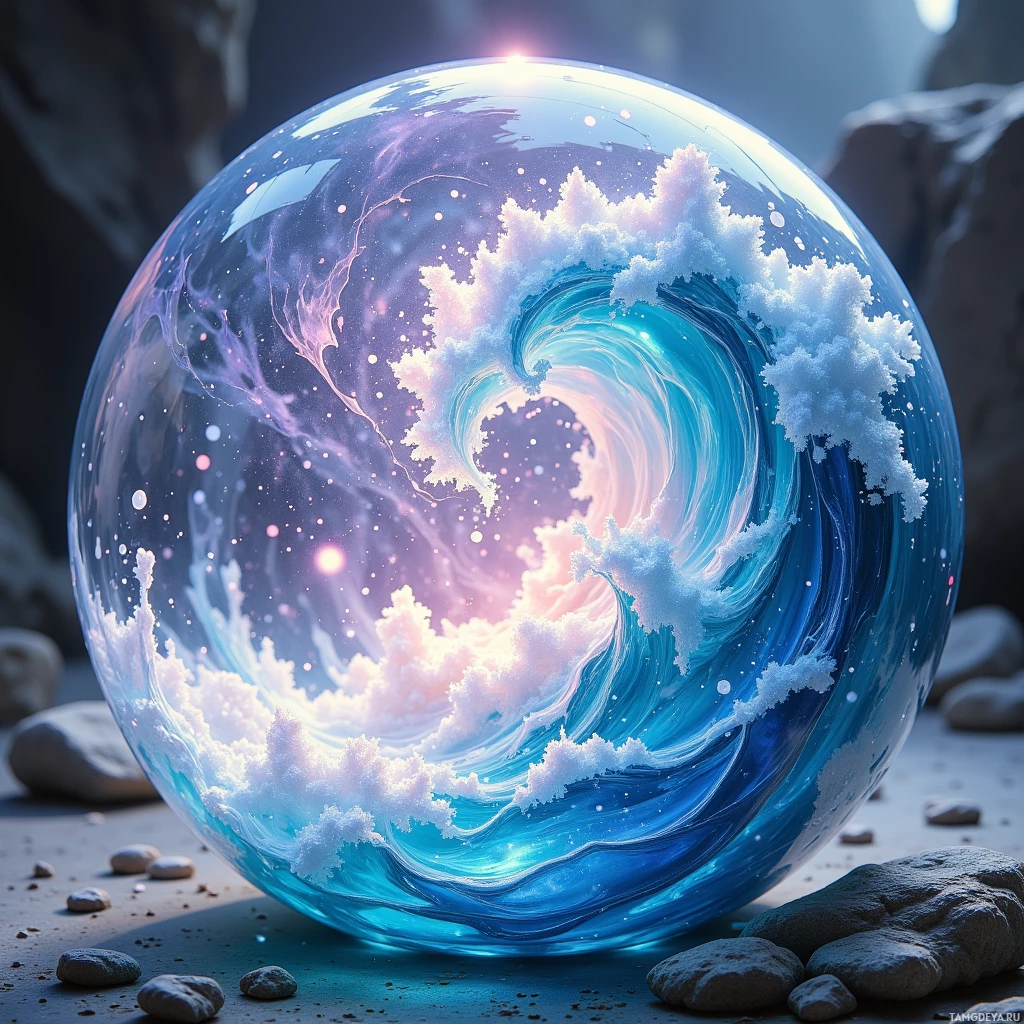 A glass sphere containing a swirling wave and clouds, resting on a rocky surface.